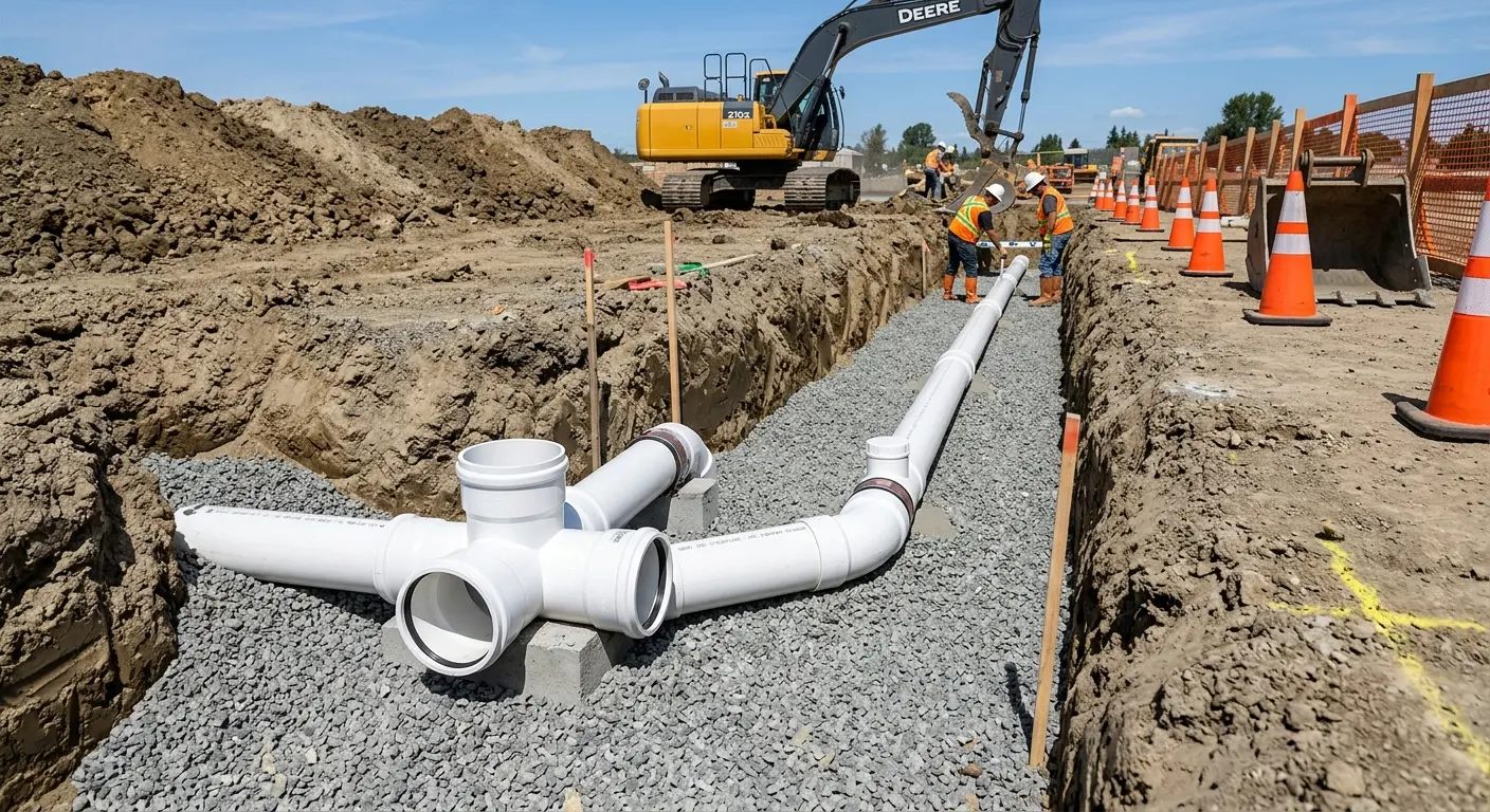 New PVC sewer pipe installation in open trench for Commercial Drain Cleaning in North Platte
