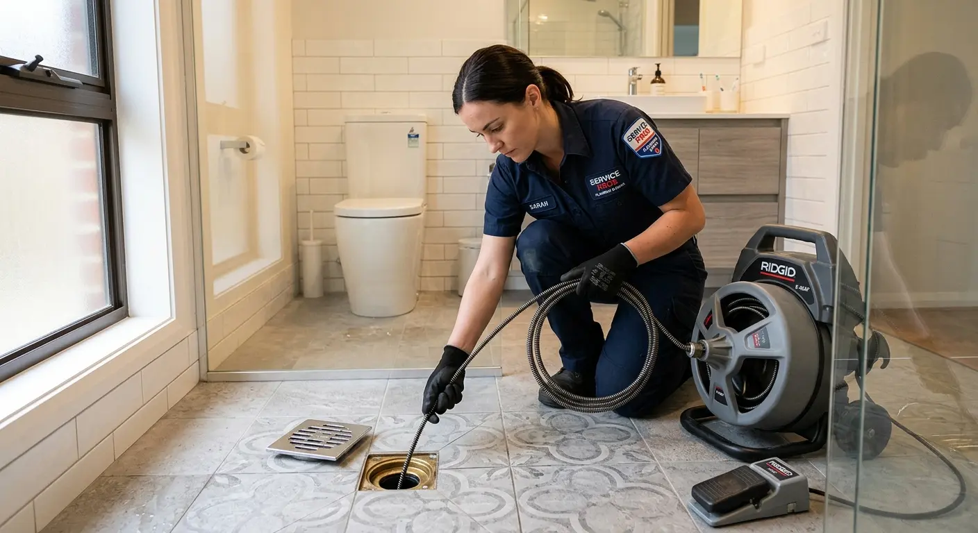 Technician clearing a bathroom floor drain for Clogged Drain Repair in North Platte